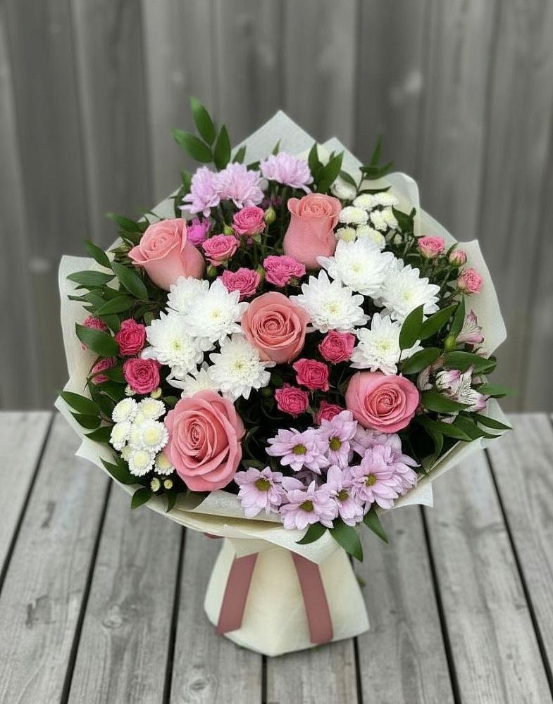 Букет цветов из: Альстромерии, Гвоздики, Розы и Хризантемы в Маслянино