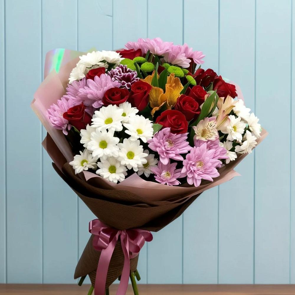 Букет цветов из: Розы, Хризантемы и Альстромерии в Маслянино